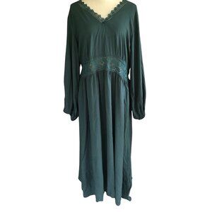 Rusttydustty Green Lace Waist Midi Dress 2XL Boho Long Sleeve Viscose